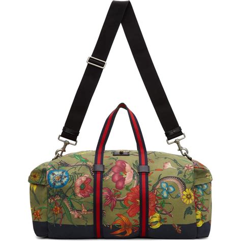 Gucci: Green Canvas Flora Snake Duffle Bag 